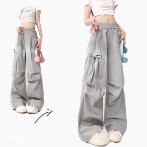 กางเกงขายาวทรงตรงแห้งเร็วสไตล์อเมริกันย้อนยุคสำหรับผู้หญิงในช่วงฤดูร้อน กางเกงขายาวทรงหลวมๆ ผูกโบว์ผีเสื้อสีเทา