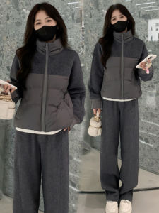 Fashionable Sportswear Set Womens Winter New Style down Cotton Sweatshirt Jacket Fleece Lined Pants Loose Slimming Two Piece Set