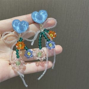 Original Blue Beaded Crystal Flowers Unique Earrings Show Face Small Bowknot Female Summer Sterling Silver Needle Sweet Earrings