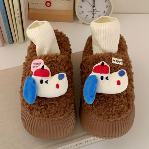Winter New Style Student Outdoor Wear Lamb Fur Cotton Shoes Fun Blue Ear Dog Casual Bread Shoes Women INS round Toe Flat Heel