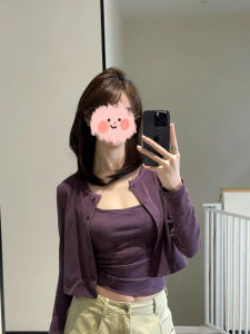 Korean Style Short Purple Strap Vest Cardigan Womens Spring Autumn Layered Wear Two-Piece Set Fashionable Outerwear Top