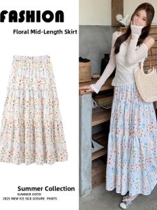 Floral Print Loose Womens Midi Skirt High Waist A-Line Silhouette Cover Belly Summer 2025 Korean Style Cake Skirt