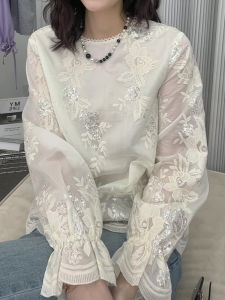 SHUAIYUE | Glitter Floral Embroidery High-class Slimming Shirt