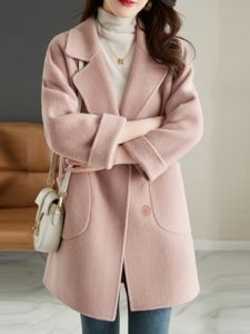 Pink Woolen Suit Coat Womens Style Autumn Winter 2024 New High-End Feelings Medium-Length Tailored Jacket Outerwear