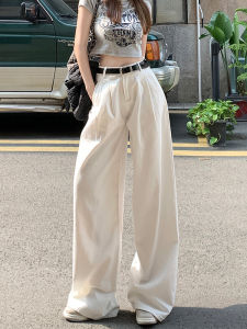 American High Street White Wide Leg Denim Womens Summer New Arrival High Waist Crimp Loose Straight Drooping Mop Pants