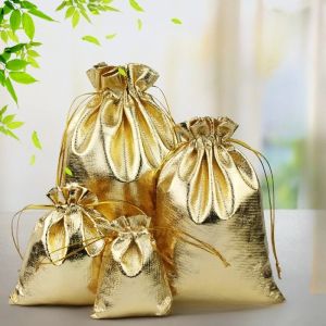 10pcs/lot 7x9/9x12cm/gold Gift Bag Adjustable Jewelry Party Wedding Candy Bag Cosmetics Packaging Supplies