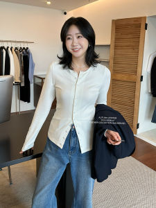 Widelia Long Sleeve Knitted Slim Fit Base Shirt Top Waist Cinched Slimming Outerwear Korean Style Commute Pure Color Autumn