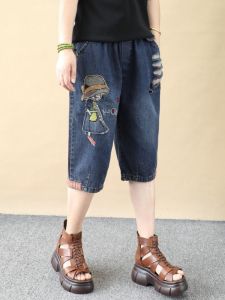 High Waist Cartoon Girls Retro Slimming Denim Shorts Six Foot Loose Large Size Five Length Pants Ripped Jeans Womens Fashion Summer Blue