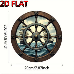 CIFbuy | 2D Flat Metal Nautical Ship Wheel Sign with Sailboats Ocean Scene Vintage Decor Circular Wall Art for Living Room Bedroom Home