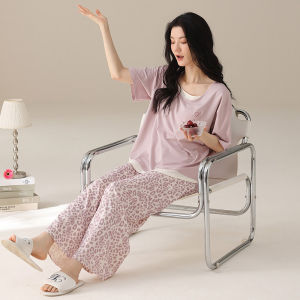 Herbal Initial Color Modal Cotton Sleepwear Set for Women With Pads Short Sleeve Long Pants