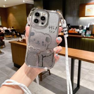 Cute Bear Phone Case with Strap Electroplated Glitter Dustproof Anti-fall Silicone Material for 13 pro Max And Other Models