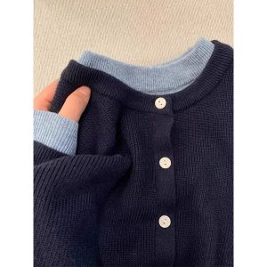 Fashion High-end Design Versatile Navy Blue Womens Sweater Jacket