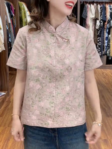 UYFY | Pink Round Neck Printed Short Sleeve Shirt Womens Fashion Casual Loose Fit Summer New Style Chinese National Style Slimming Top