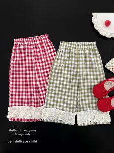 Gingham Cotton Linen Wide Leg Pants for Girls
