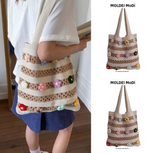 Fall Winter Large Capacity Knitted Tote Bag for Commuting Work Womens New 2025 Khaki Striped Floral Design Soft Handbag