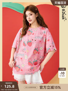 น่ารัก สตรอเบอร์รี่พิมพ์เสื้อยืดแขนสั้นสีชมพูบีเป็ดเป็ดสีเหลืองเล็กๆโดปามีนสไตล์ใหม่สบายๆ หลวม พอดีฤดูร้อน เสื้อท่อนบน