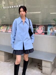 SFB2901 เสื้อเชิ้ตคอปกแขนยาวแฟชั่นเกาหลีผู้หญิงสีทึบเรียบง่าย เสื้อยาวซิปคู่ขึ้นและลงกระดูมหน้าแบบมีกระเป๋าลำลองวินเทจ