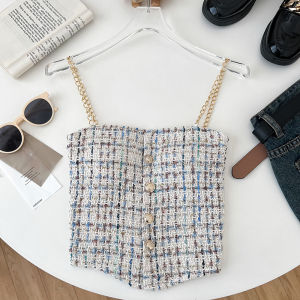 Elegant Short Tweed Chain Strap Slim Fit Casual Womens Vest Inner Wear Top Asymmetrical Style Summer Fashion 2024