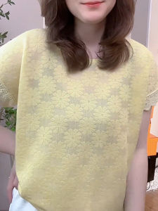 UYFY | Yellow Floral Print Splice Short Sleeve Round Neck T-Shirt Womens Plus Size Summer New Unique Design Top Comfortable Casual Wear