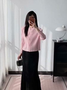 KESHANGYI Womens New Chinese Style Pleated Long Sleeve Blouse 2026 New Arrival Crew Neck Plain Color Elegant Commute Top