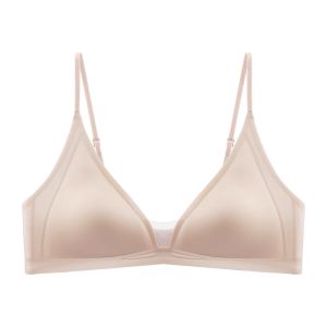 French Glossy Satin Seamless Underwear Womens Deep V-neck Thin Shoulder Strap Thin Bra for Summer