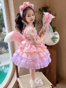 H.S.H Kids | Lolita Princess Skirt Dress Childrens Performance Puffy Skirt Short Sleeve Mid-Length Cartoon Anime Girls Summer Dress