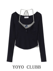 YOYO CLUBB Sweet And Spicy Splice Fake Two-Piece Long Sleeve T-Shirt Women Early Spring Slimming Pure Desire Neck Hanging Top