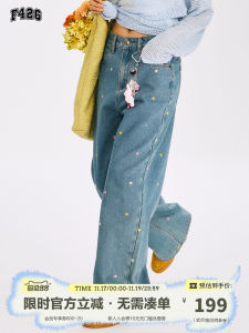 กางเกงยีนส์ทรงหลวมสำหรับคู่รัก F426 ฤดูใบไม้ผลิและฤดูใบไม้ร่วง กางเกงยีนส์ทรงหลวมพิมพ์ลายดอกไม้สไตล์สตรีทสำหรับเยาวชน ผ้าฝ้ายผสมโพลีเอสเตอร์