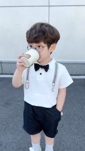 Bộ quần áo polo trắng công tử kèm nơ cho bé trai mặc sinh nhật thôi nôi 1 đến 7T BERNIE T1024B22