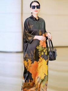 plus Size Silk Dress Summer Fashion Loose Meat Concealing  Silk Long Dress Elegant Commute Stand Collar Seven Sleeve A-Line Skirt