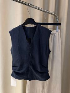PAIBOLI | Elegant Vintage Navy Blue Sleeveless Cardigan