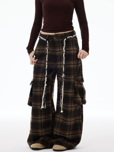 American Style Plaid Waist Cord Woolen Casual Pants Men Women Retro Large Pocket Straight Leg Workwear Long Trousers