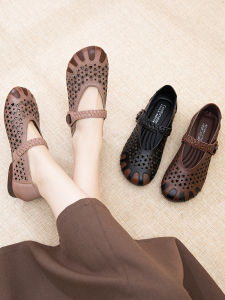 Mothers Day Gift Genuine Leather Flat Heel Sandals Soft Bottom Slip-On Anti-Slip Comfortable Shoes for Middle-Aged And Elderly Women