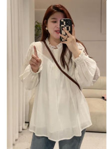 เสื้อยืดแขนยาวไซส์ใหญ่สำหรับผู้หญิงในฤดูใบไม้ผลิและฤดูใบไม้ร่วง ทรงหลวม ปกปิดหน้าท้อง ดีไซน์ลูกไม้ เสื้อเชิ้ต