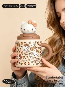 Leopard Pattern HelloKitty Aesthetic Portable Straw Thermos Cup