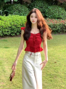 chaqi | French Style Red Polka Dot Strap Vest Womens Summer New Spicy Girl Short Waist Cinched Blouse V-neck Casual Outerwear