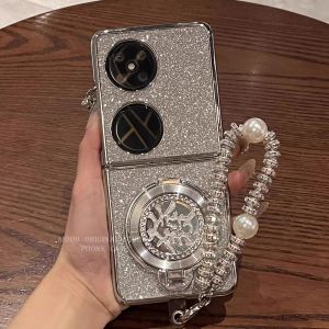 Luxurious Fashion Pink Diamond Rotating Stand Huawei Pocket2 Foldable Screen Phone Case Full Cover Womens Bracelet Protective Shell