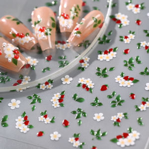 1Pcs 5D Delicate White Jelly Flower Red Fruit Nail Stickers Strawberry Green Leaves Adhesive Nail Decals Floral Manicure Sliders