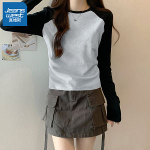 Jeanswest Long Sleeve round Neck T-Shirt Womens Grey Shoulder Insertion Spring Autumn New Style Early Autumn Base Layer Inner Wear Top