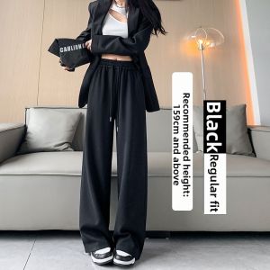 Gray High Waist Wide Leg Pants Womens Fleece Lined Straight Casual Sporty Sweatpants Autumn Winter plus Size Slimming