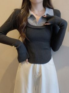 เสื้อสเวตเตอร์คอโปโลแขนยาวทรงเข้ารูปสไตล์เกาหลีสำหรับผู้หญิงไซส์ใหญ่ ทรงเข้ารูป ทรงสั้น ทรงไม่สมมาตร เสื้อชั้นในสีบล็อก