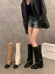 Khaki High-Tube Knight Boots Womens Shoes Color Block High Heel Spring Autumn Winter Fashion Boots round Toe Thick Heel