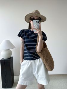 Casual Striped Short Sleeve Womens T-shirt Summer Design Shoulder Width Regular Cotton Blend Comfortable All-Match Top