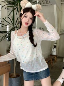 Plus Size Long Sleeves T-shirt Womens Summer Loose Belly-Covering Thin Tops Chubby Girl White Slip Top T-shirt Two-piece Set