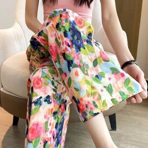 Ladies Summer Cotton Silk Wide Leg Pants Loose Comfortable Casual Home Wear Artificial Cotton Nine Points Outerwear