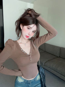 Slimming Long Sleeve V-neck Button up Base Shirt Early Spring New Style Pure Color Inner Wear Trendy Korean Style Top
