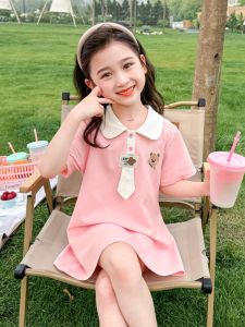 Summer Polo Dress for Girls with Bear Necktie Baby Casual Style School Uniform Wind Childrens Clothing Dress New 2025