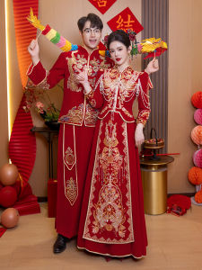 Velvet Xiu Xue Wedding Gown Couple Set Dragon And Phoenix Coat Vintage Style Chinese Wedding Clothes for Men And Women