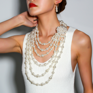 Handmade Multi-Layer Pearl Imitation Diamond Flower Necklace Fashionable Accessory for Bridal Studio Photography Wedding Dress