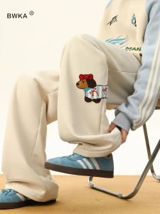 BWKA Winter Thickened Warmth Embroidered Fleece Lined Straight Leg Sporty Casual Pants for Men And Women Cotton Pants